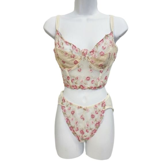 Victoria's secret mesh Lace  2 piece floral Embroidered 38D Large lingerie set - Picture 1 of 15